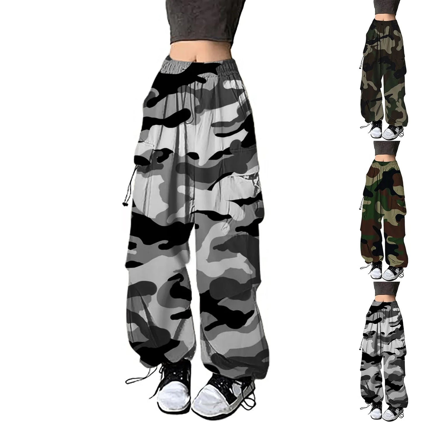 Womens Baggy Cargo Camo Print Pants Streetwear Hip Hop Joggers Sweatpants Drawstring Casual Loose Wide Leg Womens Sports Pants