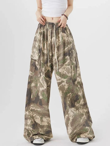 Zoki Streetwear Camouflage Cargo Pants Women High Waist Y2K Harajuku Wide Leg Trousers Vintage American Pockets Lace Up Pants