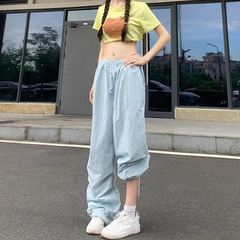 Rimocy High Waist Summer Cargo Pants Women Streetwear Drawstring Thin Parachute Pants Woman Solid Color Wide Leg Y2k Trouses