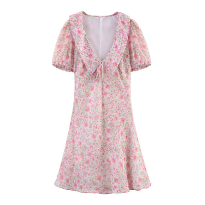 ZBZA women's floral print dress Peter Pan collar short sleeves tie A-line mini skirt spring summer new casual chic short skirt