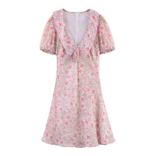 ZBZA women's floral print dress Peter Pan collar short sleeves tie A-line mini skirt spring summer new casual chic short skirt