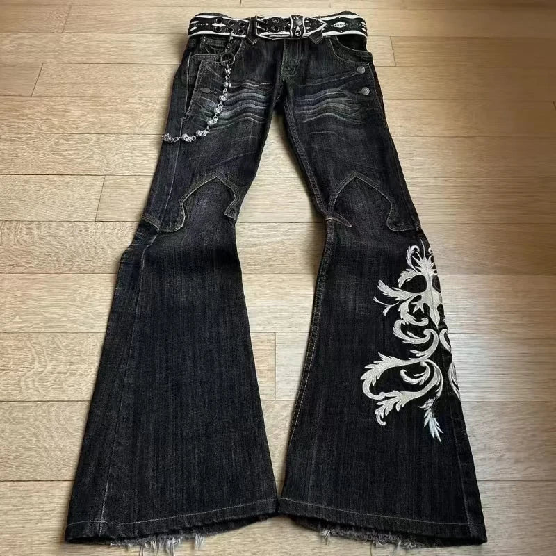 New retro double waisted lace up micro flared women pants streetwear Y2K washed high-quality design sense men and women jeans