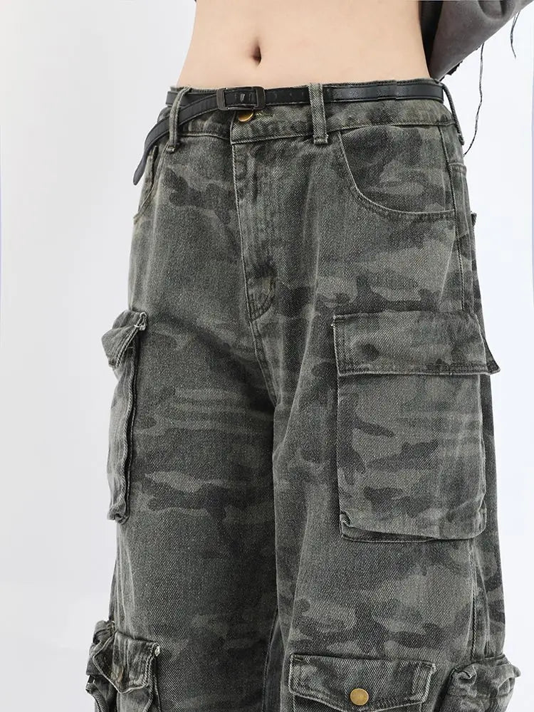 2023 American style retro street camouflage overalls women's hip-hop fried street wide-leg casual pants high street ins tide Y2K