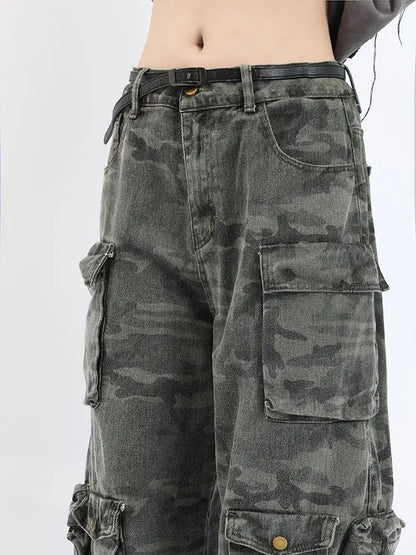 2023 American style retro street camouflage overalls women's hip-hop fried street wide-leg casual pants high street ins tide Y2K