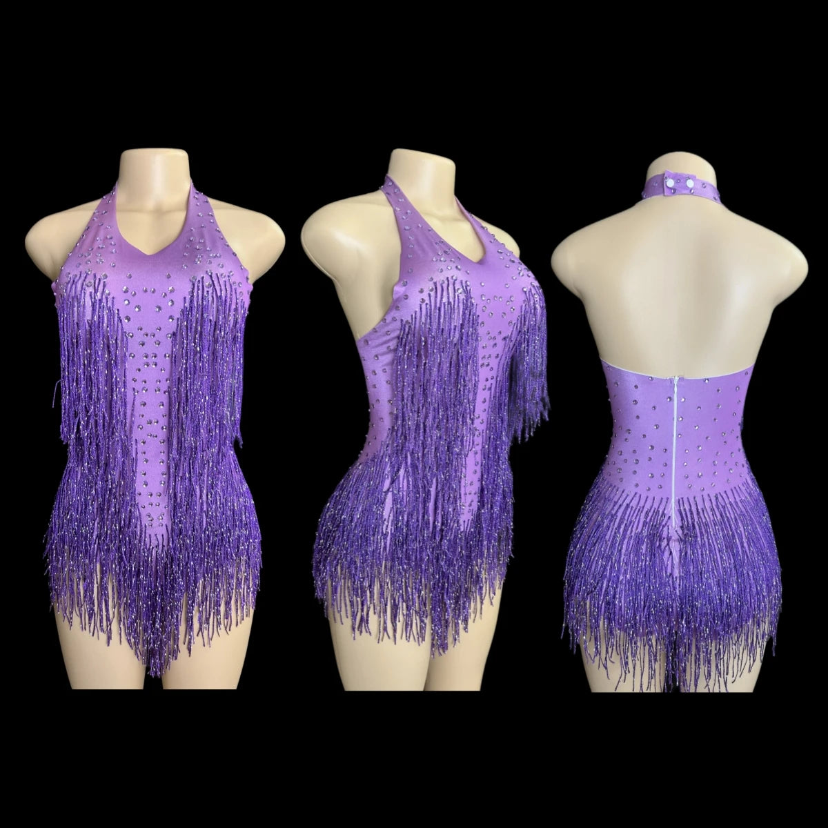 Sparkly Rhinestones Fringe Bodysuit WomenVightclub Party Dance Costume Stage Wear SexyTassel Leotard Performance Clothing 7G