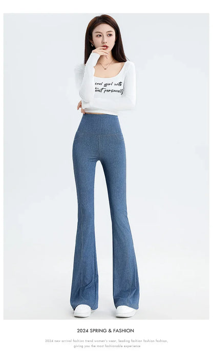 2024 New Women's Denim Shark Pants Outerwear Thin Leggings Bell-Bottom Tummy Control Underwear Summer Fashion