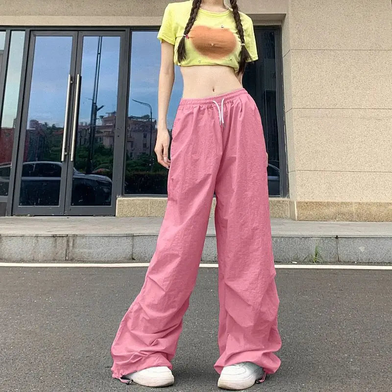 Rimocy High Waist Summer Cargo Pants Women Streetwear Drawstring Thin Parachute Pants Woman Solid Color Wide Leg Y2k Trouses