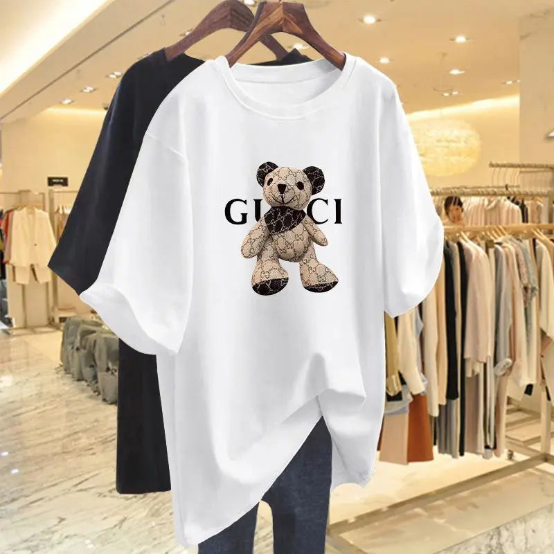 Women Cartoon Printed Tees Summer Pure Cotton Basic O-neck Short Sleeve T-shirt Casual Loose Tops Y2k Pullovers