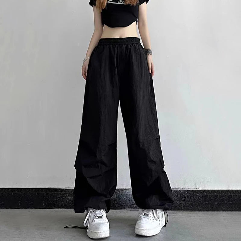 Rimocy High Waist Summer Cargo Pants Women Streetwear Drawstring Thin Parachute Pants Woman Solid Color Wide Leg Y2k Trouses