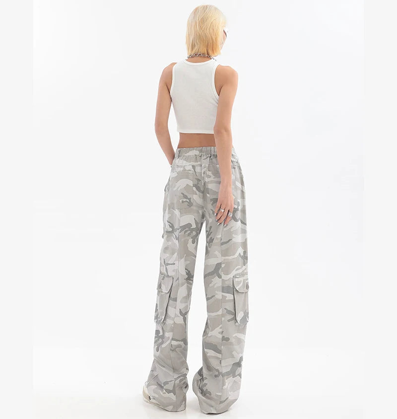 Female Hip Hop Grey Camouflage Cargo Pants American Style Y2K Oversized Loose Straight Wide Leg Pants Vintage Casual Sweatpants