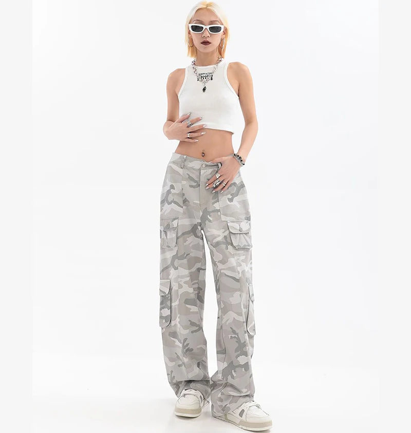 Female Hip Hop Grey Camouflage Cargo Pants American Style Y2K Oversized Loose Straight Wide Leg Pants Vintage Casual Sweatpants