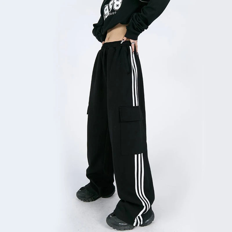 Jmprs Striped Women Cargo Pants American Style High Waist Fashion Y2K Streetwear Loose Wide Leg Pants Female Hip Hop Sweatpants