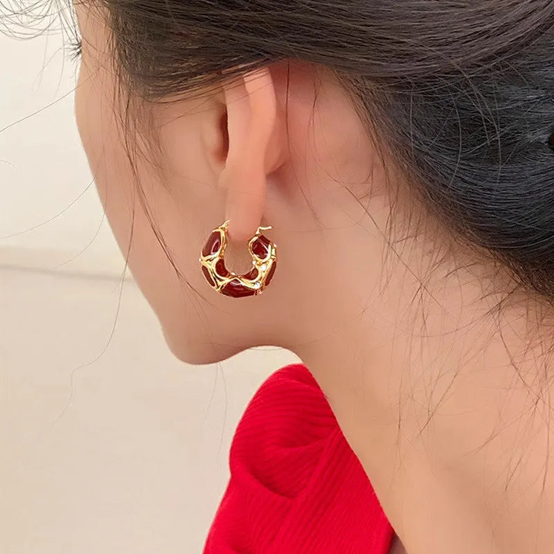 New Trendy Enamel Color Metal Texture Small Hoop Earrings for Women Gold Plated Statement Ear Buckle Creative Jewelry Gifts