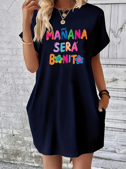 Women's MANANA letter print loose short sleeved round neck pocket summer Women's Dress Casual plus size casual dress