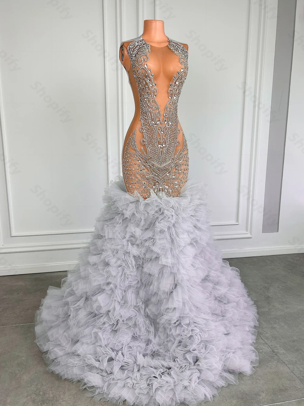 Puffy Tiered Ruffle Silver Long Prom Dress Black Girls Luxury Crystal Rhinestones See Through Mermaid Prom Gowns Customized