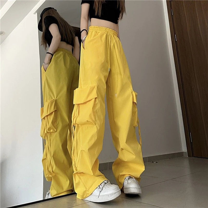 Zoki Harajuku Women Cargo Pants Streetwear Y2K Hip Hop Black Trousers Fashion High Waist Lace Up Female Loose Design Pants New