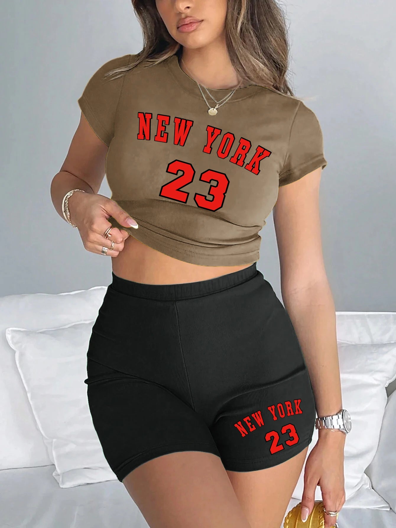 New York 23 Letter Printing 2 Pieces Set Fashion Women High Elastic Crop Tops T-Shirts & Pants Street Soft Breathable Clothes