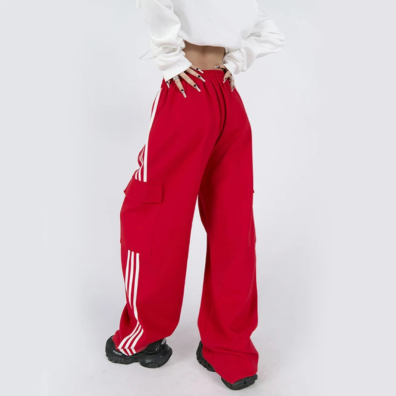 Jmprs Striped Women Cargo Pants American Style High Waist Fashion Y2K Streetwear Loose Wide Leg Pants Female Hip Hop Sweatpants