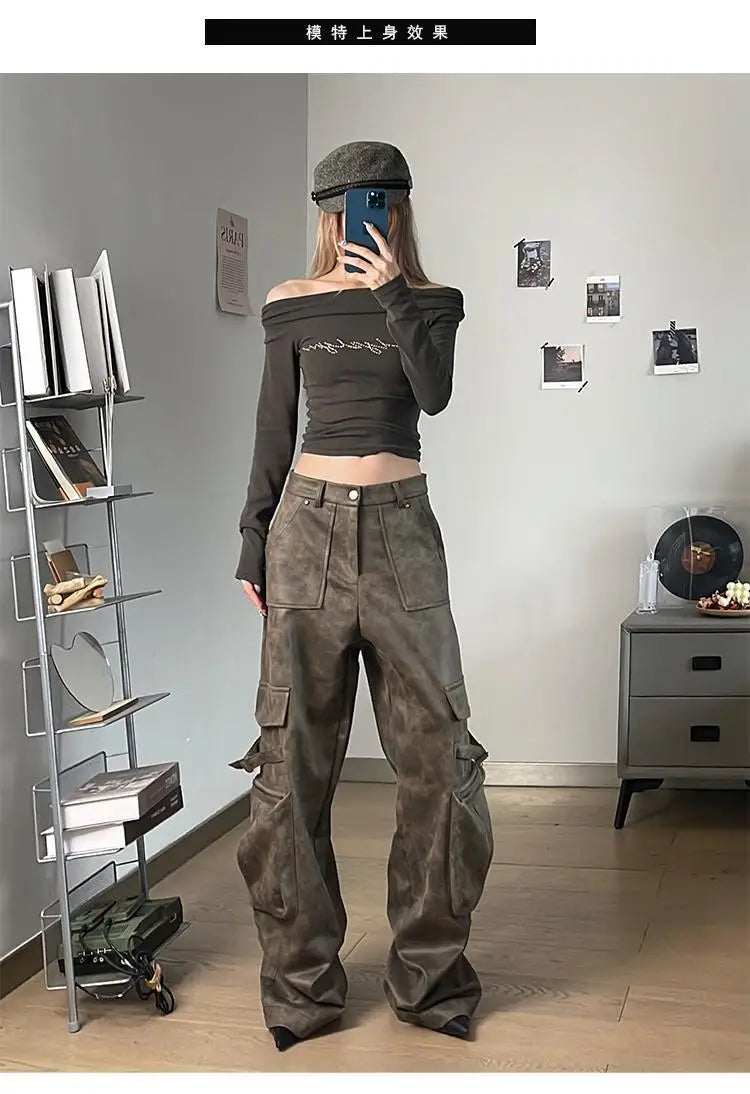 Deeptown Y2k Baggy Leather Cargo Pants Women America High Street Casual Trashy Wide Leg Trousers 2000s Harajuku Pantalones