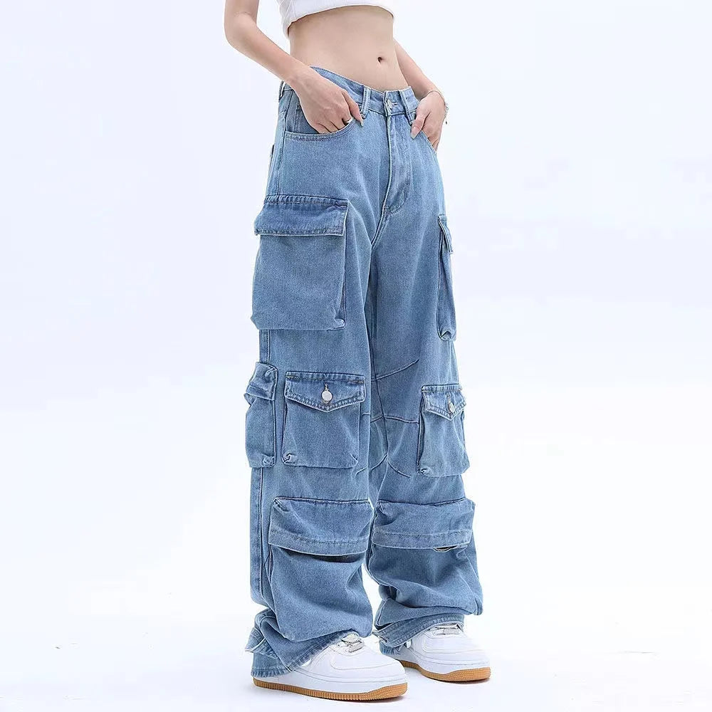 2023 American style retro street camouflage overalls women's hip-hop fried street wide-leg casual pants high street ins tide Y2K