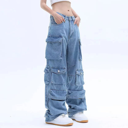 2023 American style retro street camouflage overalls women's hip-hop fried street wide-leg casual pants high street ins tide Y2K