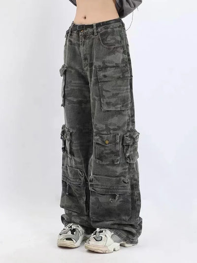 2023 American style retro street camouflage overalls women's hip-hop fried street wide-leg casual pants high street ins tide Y2K