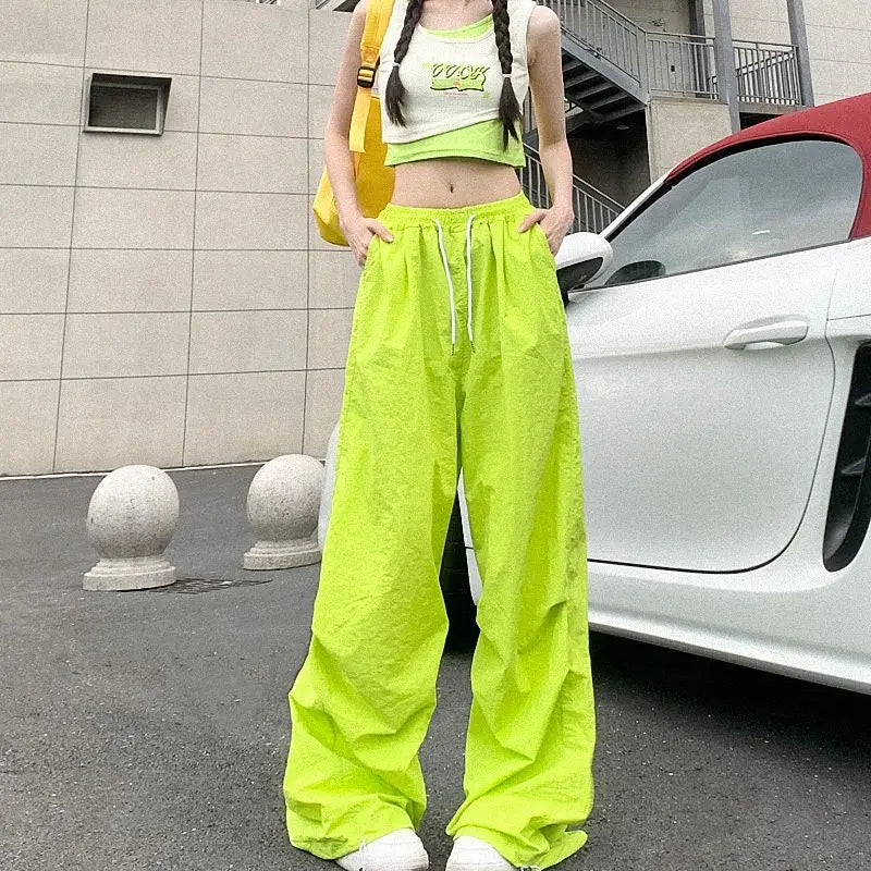 Rimocy High Waist Summer Cargo Pants Women Streetwear Drawstring Thin Parachute Pants Woman Solid Color Wide Leg Y2k Trouses