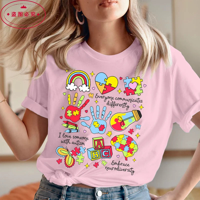 Women’s Shirts Everyone Communicates Differently Graphic Aesthetic Autism Printing Casual Shirt Tees Fashion Summer T-shirts