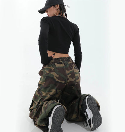 100% Pure Cotton Camo Cargo Pants Women Y2K Vintage Streetwear Joggers Sweatpants Bf Oversized Loose Hip Hop Wide Leg Trousers