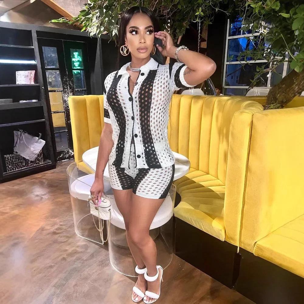 2024 Autumn Fashionable Striped Casual Loose-Fit Short Sleeve Lapel Top Short Skirt Set European American Cross-Border Style