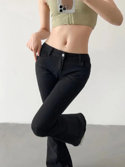 2022 Spring Autumn Sexy Low Waist Floor Length Burr Cuff Flare Jeans Women Vintage Stretch Denim Pants Streetwear Long Trousers