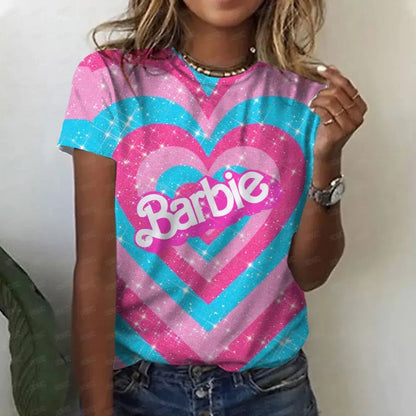 2024 Miniso Barbie Hot Print Student Casual Loose Short Sleeve Summer Crew Neck Breathable T Shirt Fashion Women Top