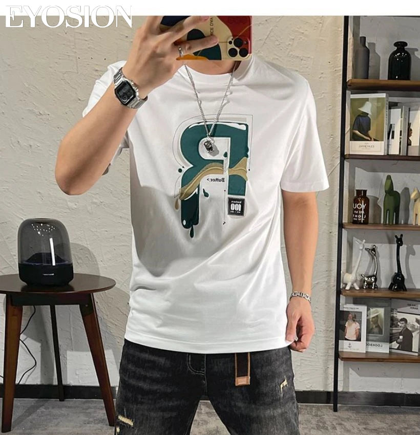 Summer Men‘s T-shirt with Letter Print Cotton Vintage Loose Soft Tshirt Basic Tops Short Sleeve T Shirt Male Tees 5XL