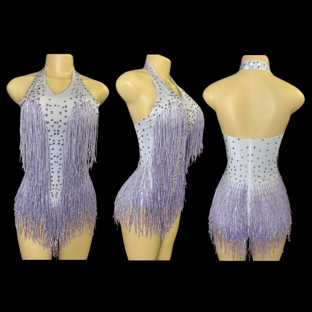 Sparkly Rhinestones Fringe Bodysuit WomenVightclub Party Dance Costume Stage Wear SexyTassel Leotard Performance Clothing 7G