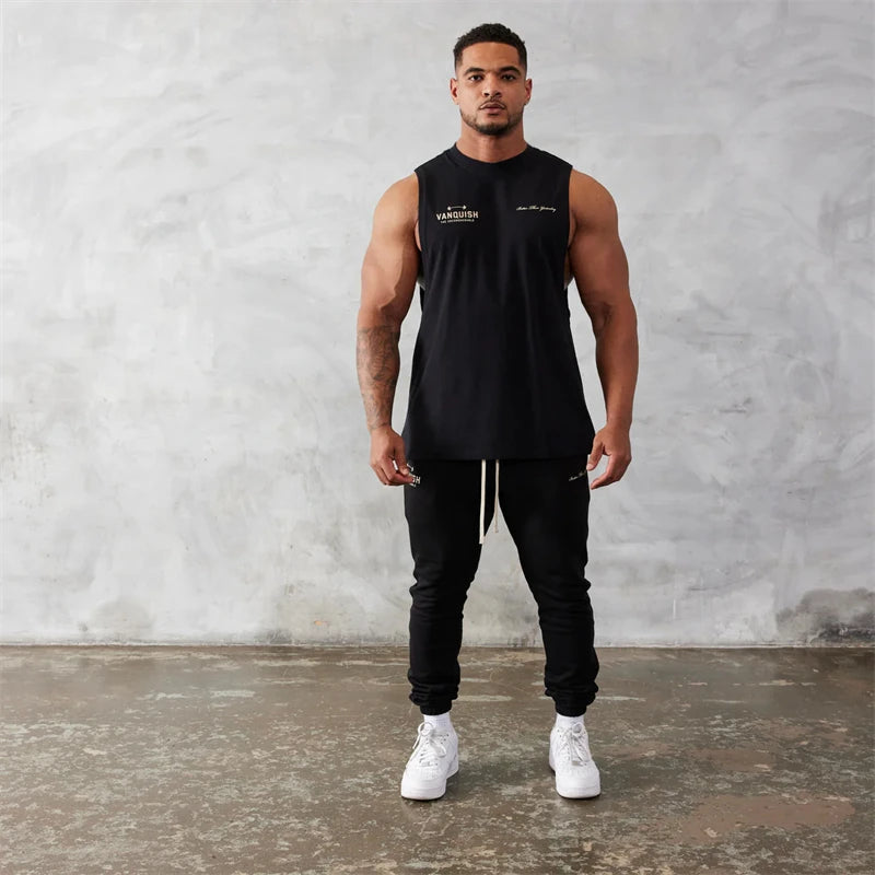 Gym exercise fitness sports men's vest cotton wide shoulder round neck sleeveless shirt slim casual men's wear