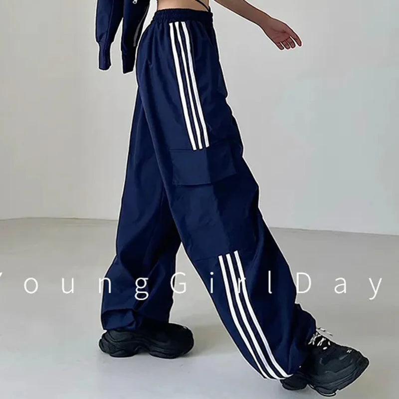 Jmprs Striped Women Cargo Pants American Style High Waist Fashion Y2K Streetwear Loose Wide Leg Pants Female Hip Hop Sweatpants