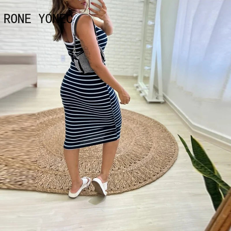 2024 Women Casual Tank Striped Pattern Sleeveless Midi Skinny Sexy Dress