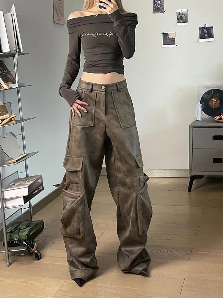 Deeptown Y2k Baggy Leather Cargo Pants Women America High Street Casual Trashy Wide Leg Trousers 2000s Harajuku Pantalones