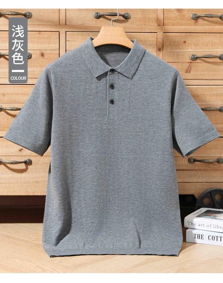 Summer 100% merino wool men's lapel pullover short sleeve POLO neck sweater loose top business casual knit T-shirt