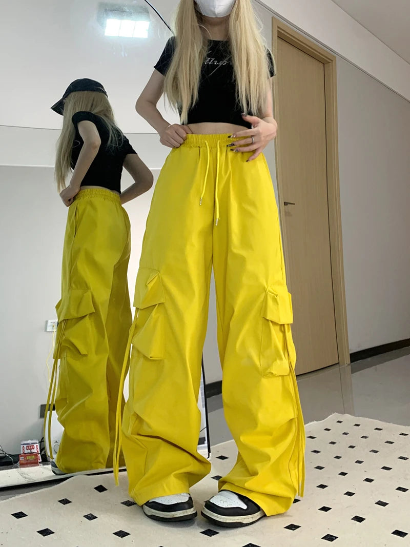 Zoki Pink Streetwear Cargo Pants Women Loose Harajuku Y2K Straight Trousers American Retro Hip Hop Casual Bf Wide Leg Pants New