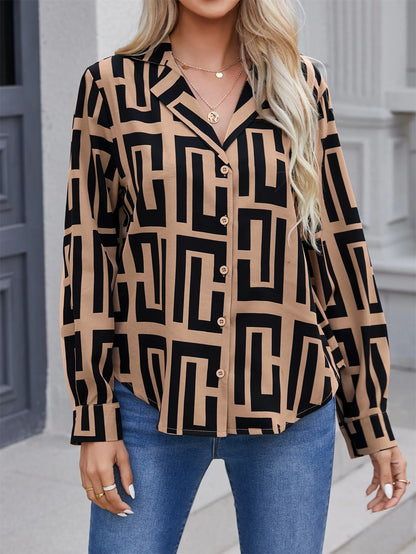 2024 Elegant geometric printed long sleeved shirts For Women Fashion Suit Collar Button Front Blouse