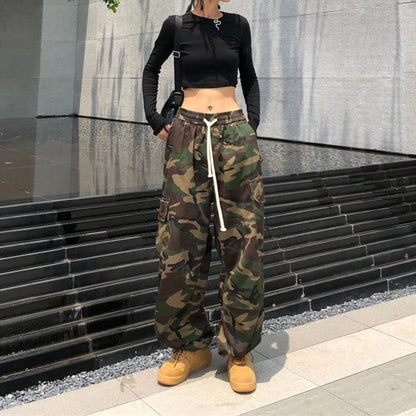 100% Pure Cotton Camo Cargo Pants Women Y2K Vintage Streetwear Joggers Sweatpants Bf Oversized Loose Hip Hop Wide Leg Trousers