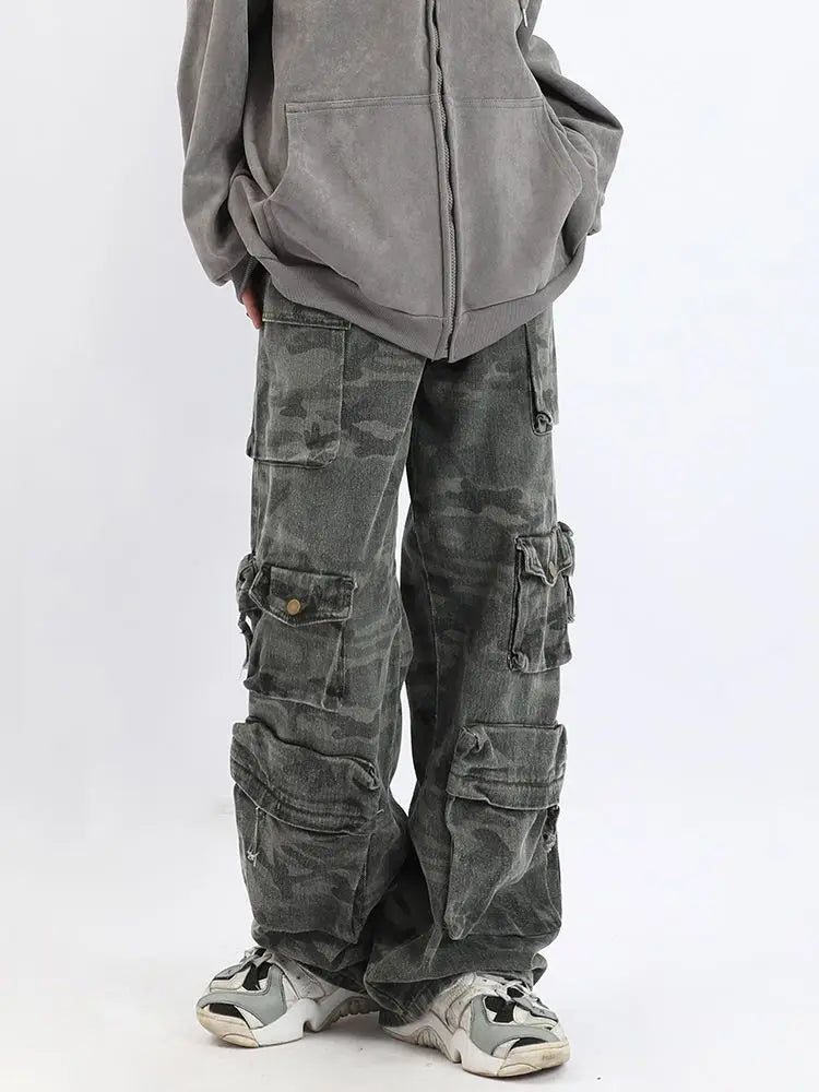 2023 American style retro street camouflage overalls women's hip-hop fried street wide-leg casual pants high street ins tide Y2K