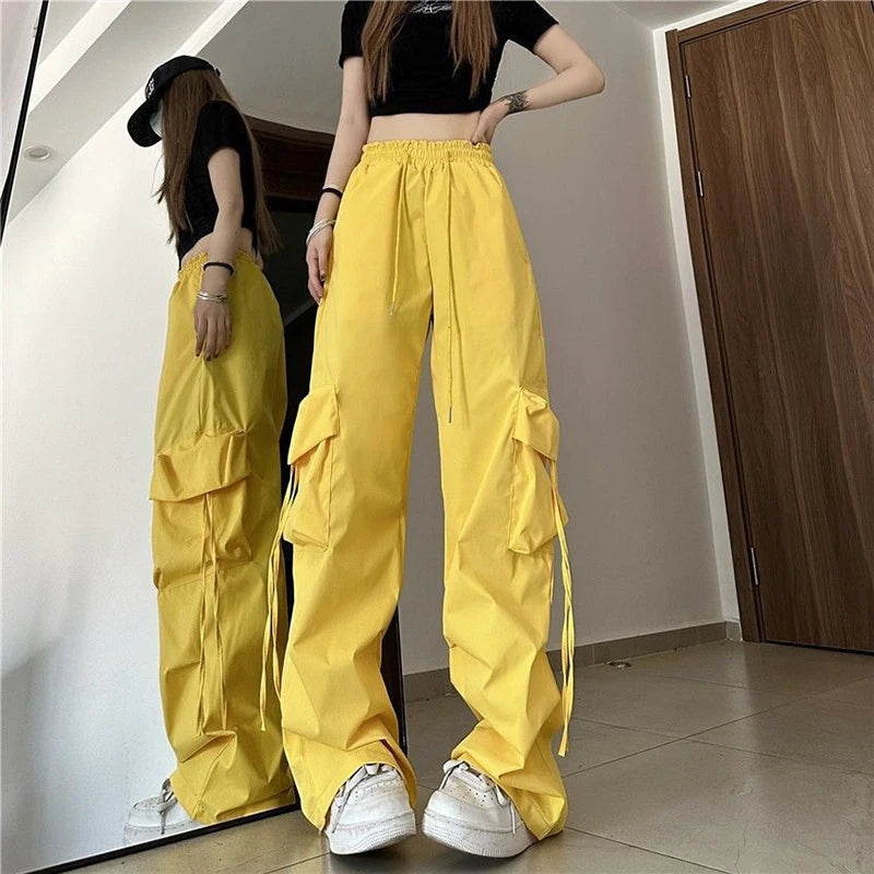 Zoki Harajuku Women Cargo Pants Streetwear Y2K Hip Hop Black Trousers Fashion High Waist Lace Up Female Loose Design Pants New