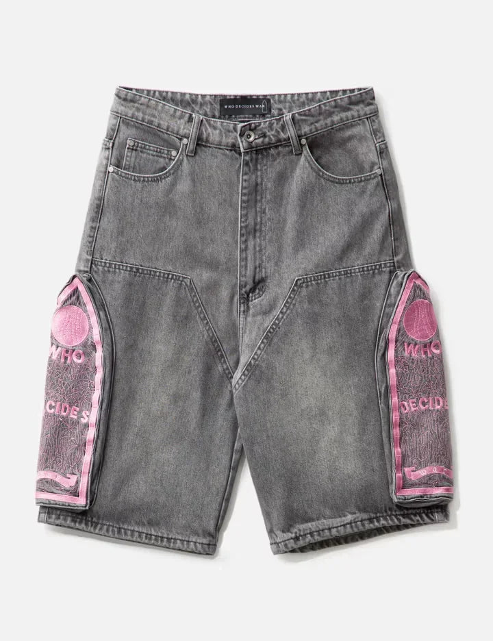 Y2K personalized fashion fake two-piece distressed denim shorts summer men's loose casual straight trendy five-point pants