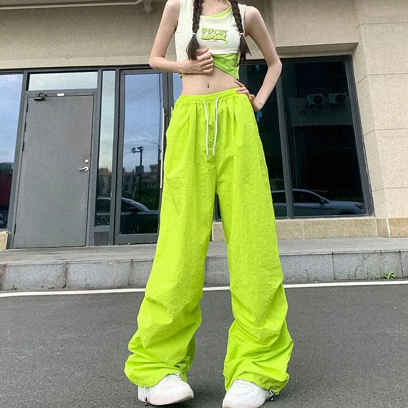 Rimocy High Waist Summer Cargo Pants Women Streetwear Drawstring Thin Parachute Pants Woman Solid Color Wide Leg Y2k Trouses