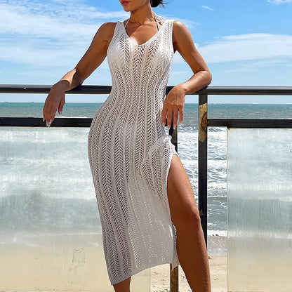 2024 Summer Ladies Vacation Hollow Out Robe Women Chic Solid Knitted Maxi Dress Fashion Sleeveless Sexy Beach Cover Up Dresses
