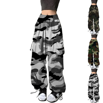 Womens Camo Print Baggy Cargo Pants Streetwear Hip Hop Joggers Sweatpants For Women Loose Fit Drawstring Casual Loose Pants