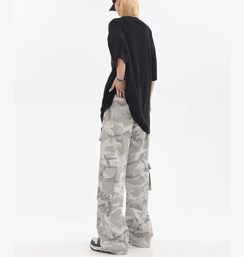 Female Hip Hop Grey Camouflage Cargo Pants American Style Y2K Oversized Loose Straight Wide Leg Pants Vintage Casual Sweatpants