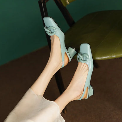 【JOCHEBED HU】new brand summer new style fashion women genuine personality leather buckle square toe thick heel shoes 34-43